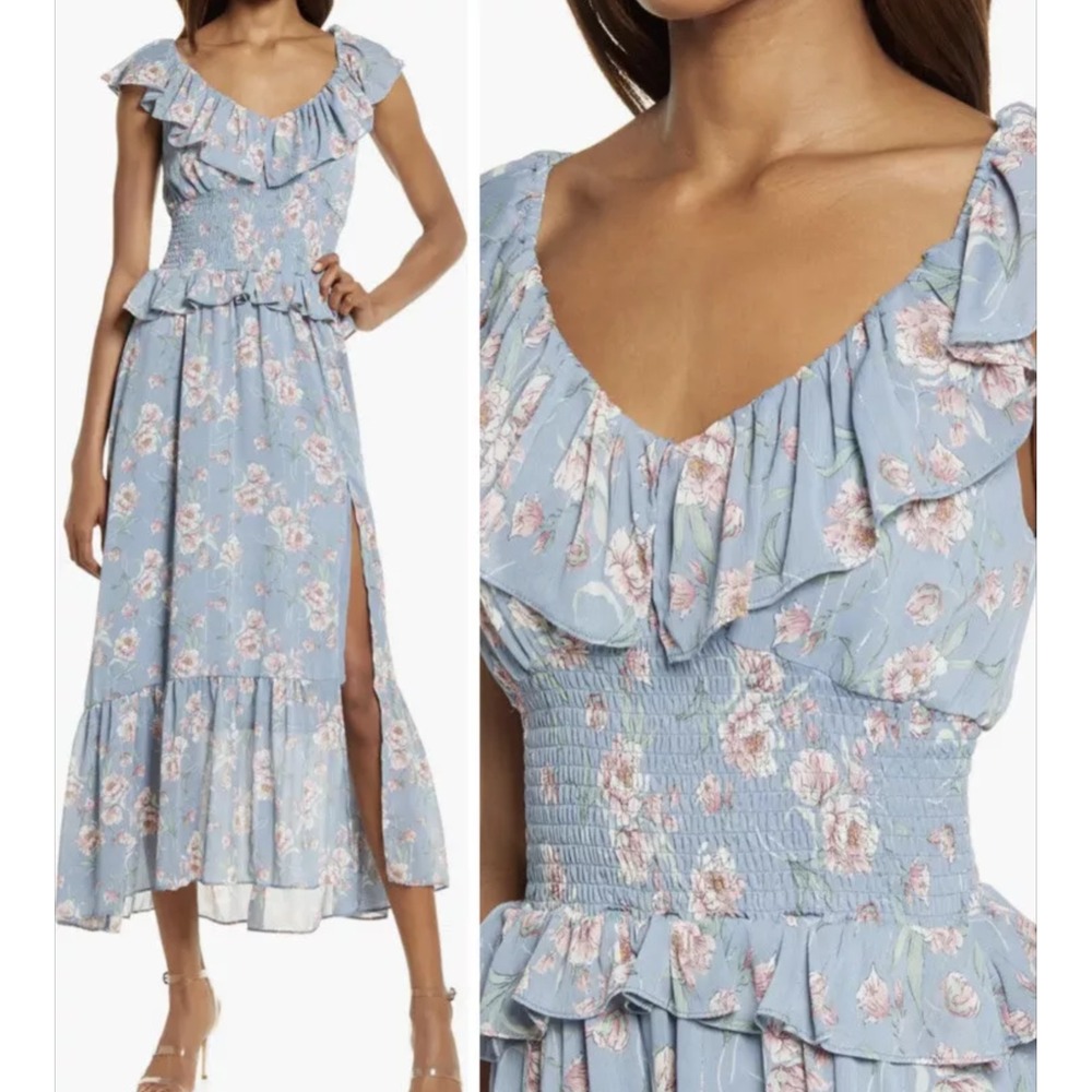 Floret Studios Luna Floral Smoked Midi Tiered Off Shoulder Milkmaid Cottage S‎